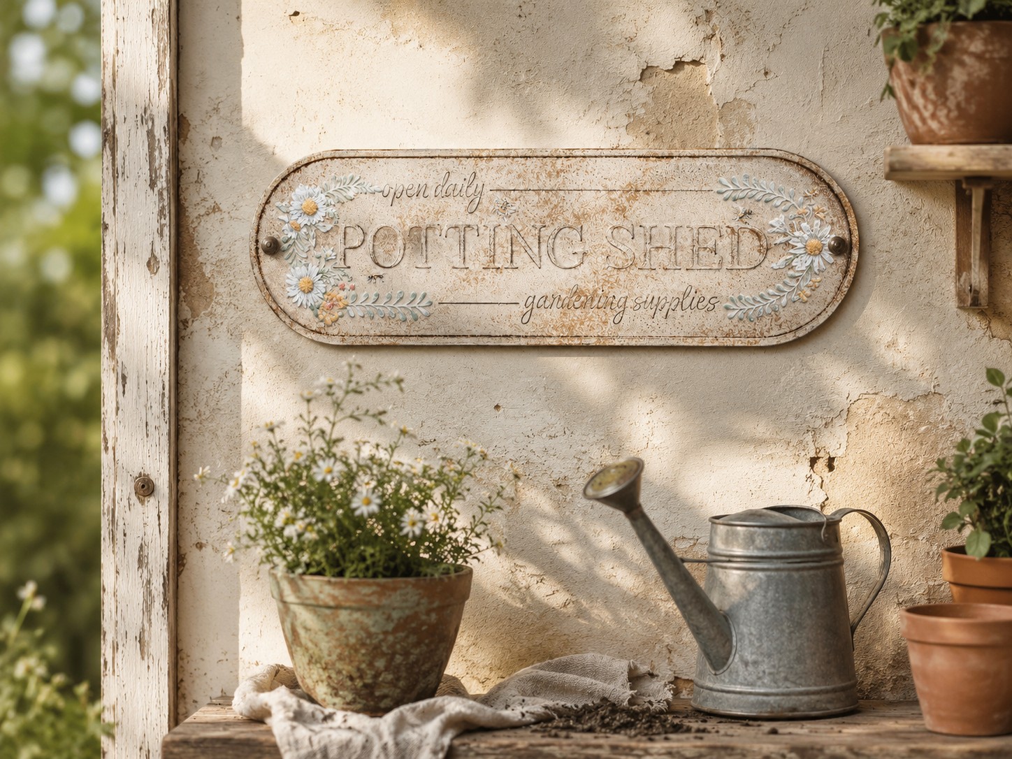 Béžová nástěnná kovová cedule Potting Shed - 76*1*24 cm