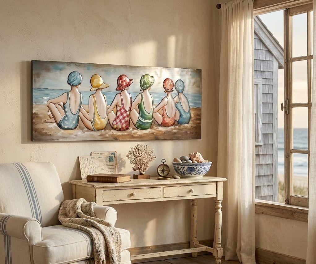 3D kovový obraz dámy na pláži Vintage Beach - 150*5*60 cm Clayre & Eef 3D kovový obraz dámy na pláži Vintage Beach - 150*5*60 cm Clayre & Eef