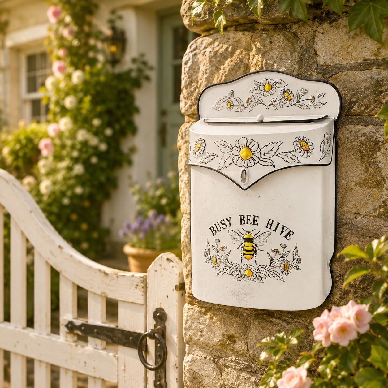 Krémová retro poštovní schránka s včelou Busy Bee Hive - 24*10*35 cm