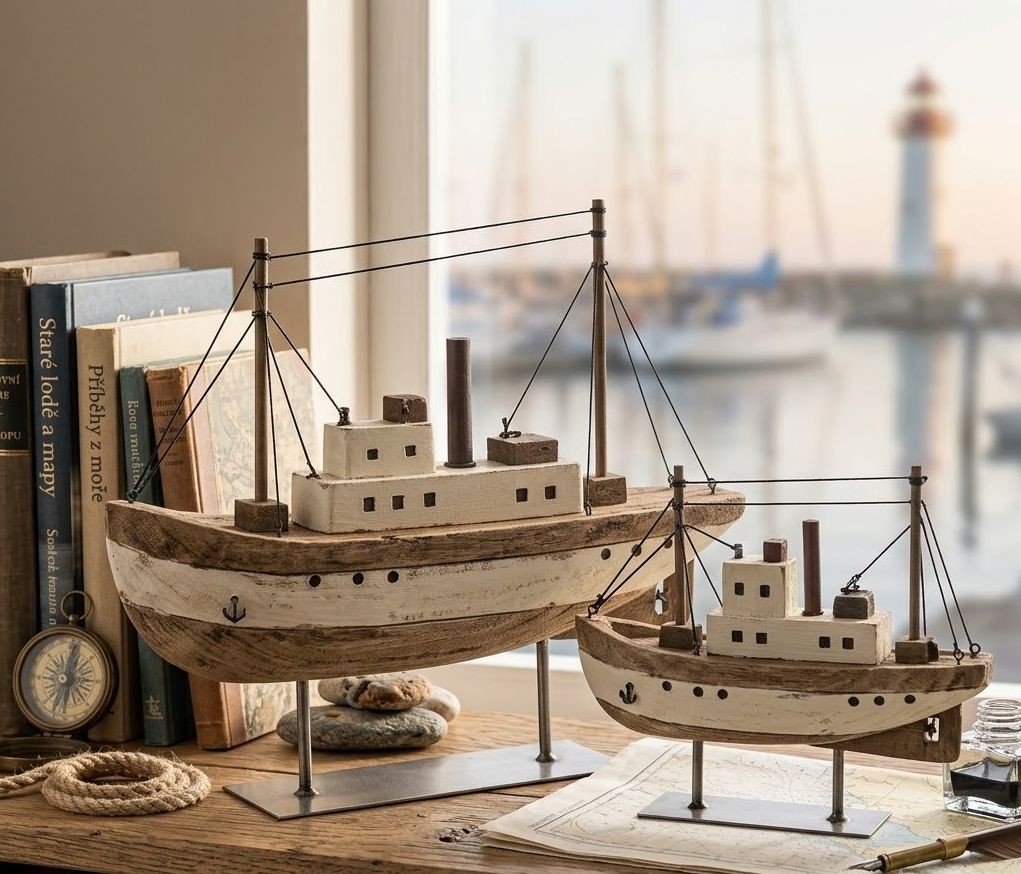 Hnědá dřevěná dekorace přírodní loďka na podstavci Boat L - 30*7*24 cm