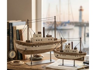 Hnědá dřevěná dekorace přírodní loďka na podstavci Boat S - 20*7*19 cm