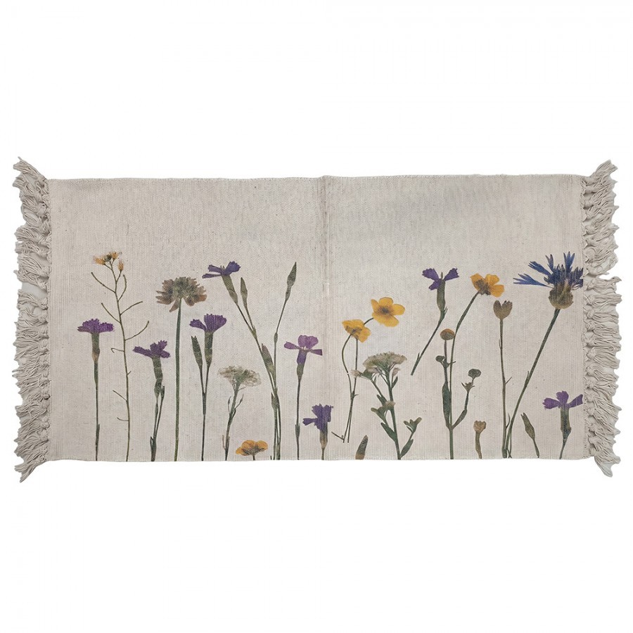 Béžový koberec s lučními květy a třásněmi - 60*90 cm