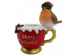 Dekorace ptáček na šálku Merry Christmas - 11*7*11 cm