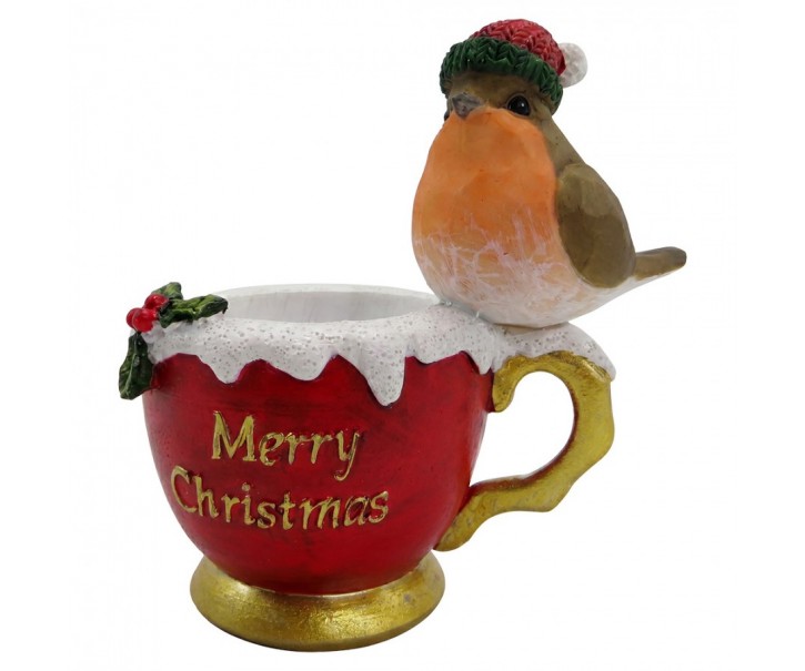 Dekorace ptáček na šálku Merry Christmas - 11*7*11 cm Clayre & Eef
