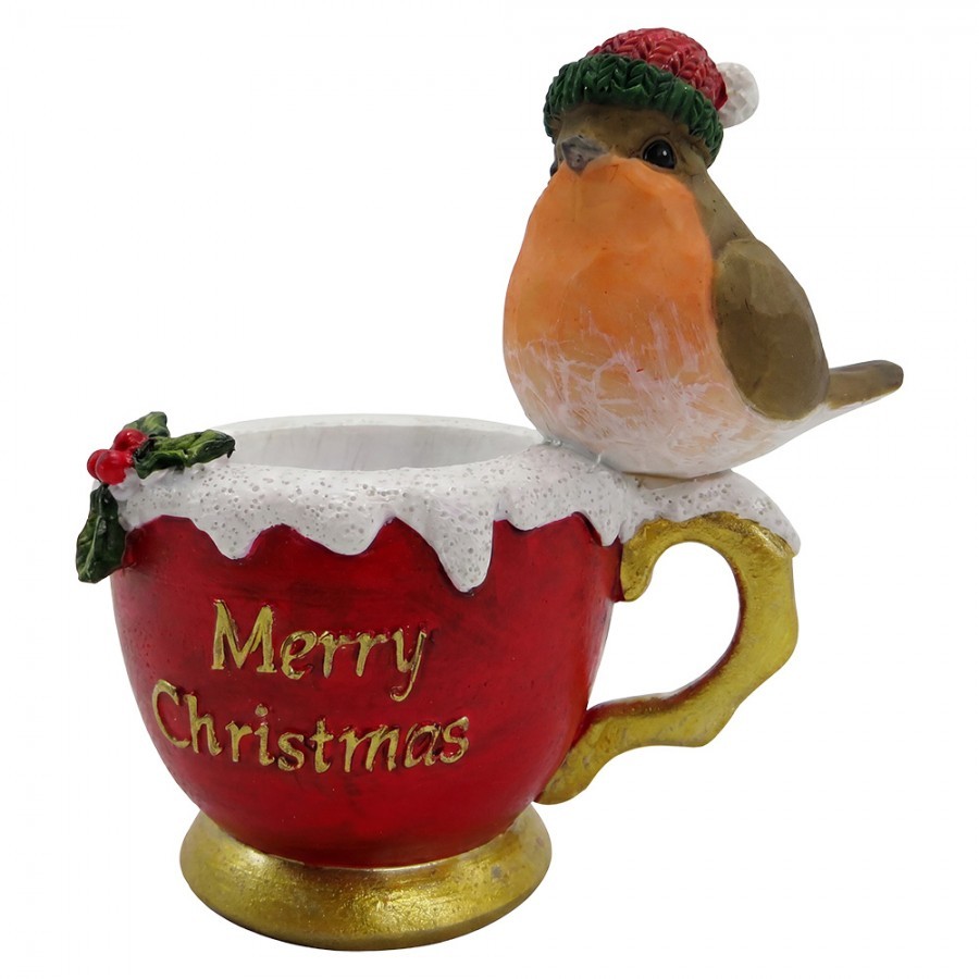Dekorace ptáček na šálku Merry Christmas - 11*7*11 cm