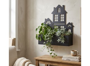 Černá kovová nástěnná dekorace s květináčem – Domky - 44*11*47 cm
