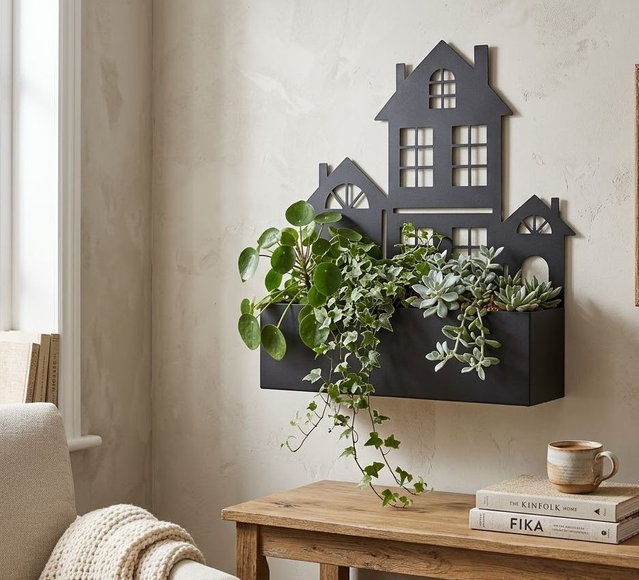 Černá kovová nástěnná dekorace s květináčem – Domky - 44*11*47 cm