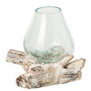 Skleněná váza z recyklovaného skla na dřevu Gamal White L - 20*20*20 cm