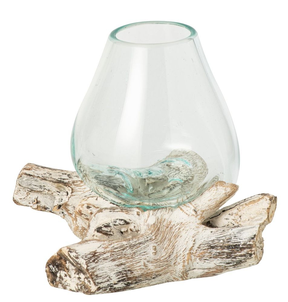 Skleněná váza z recyklovaného skla na dřevu Gamal White M - 20*20*20 cm