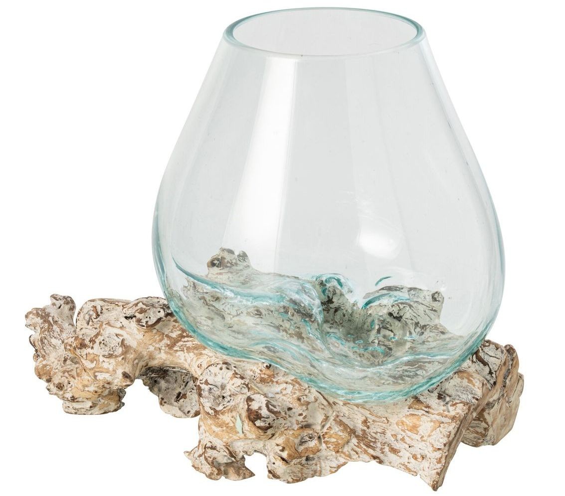 Skleněná váza z recyklovaného skla na dřevu Gamal White L - 30*30*30 cm
