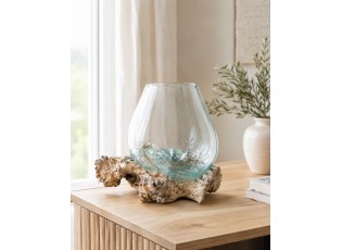 Skleněná váza z recyklovaného skla na dřevu Gamal White L - 30*30*30 cm