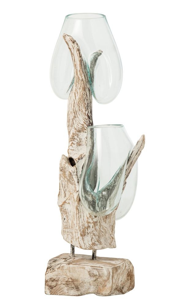 Skleněná váza z recyklovaného skla na dřevu Gamal White XL - 30*30*69 cm