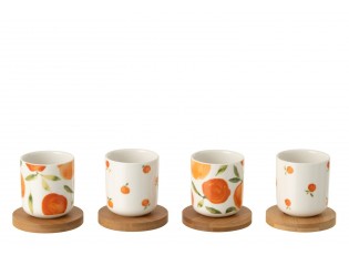 Sada 4 keramických kalíšků s dřevěnými podtácky Casa Naranja - Ø 6*6,5 cm / 100 ml
