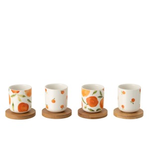 Sada 4 keramických kalíšků s dřevěnými podtácky Casa Naranja - Ø 6*6,5 cm / 100 ml