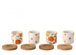 Sada 4 keramických kalíšků s dřevěnými podtácky Casa Naranja - Ø 6*6,5 cm / 100 ml