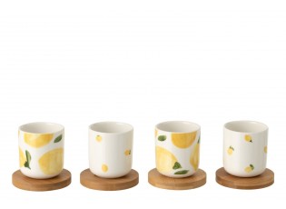 Sada 4 keramických kalíšků s dřevěnými podtácky Casa Limone - Ø 6*6,5 cm / 100 ml