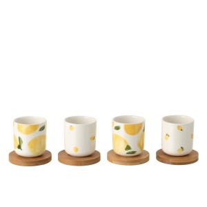 Sada 4 keramických kalíšků s dřevěnými podtácky Casa Limone - Ø 6*6,5 cm / 100 ml