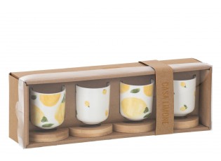 Sada 4 keramických kalíšků s dřevěnými podtácky Casa Limone - Ø 6*6,5 cm / 100 ml
