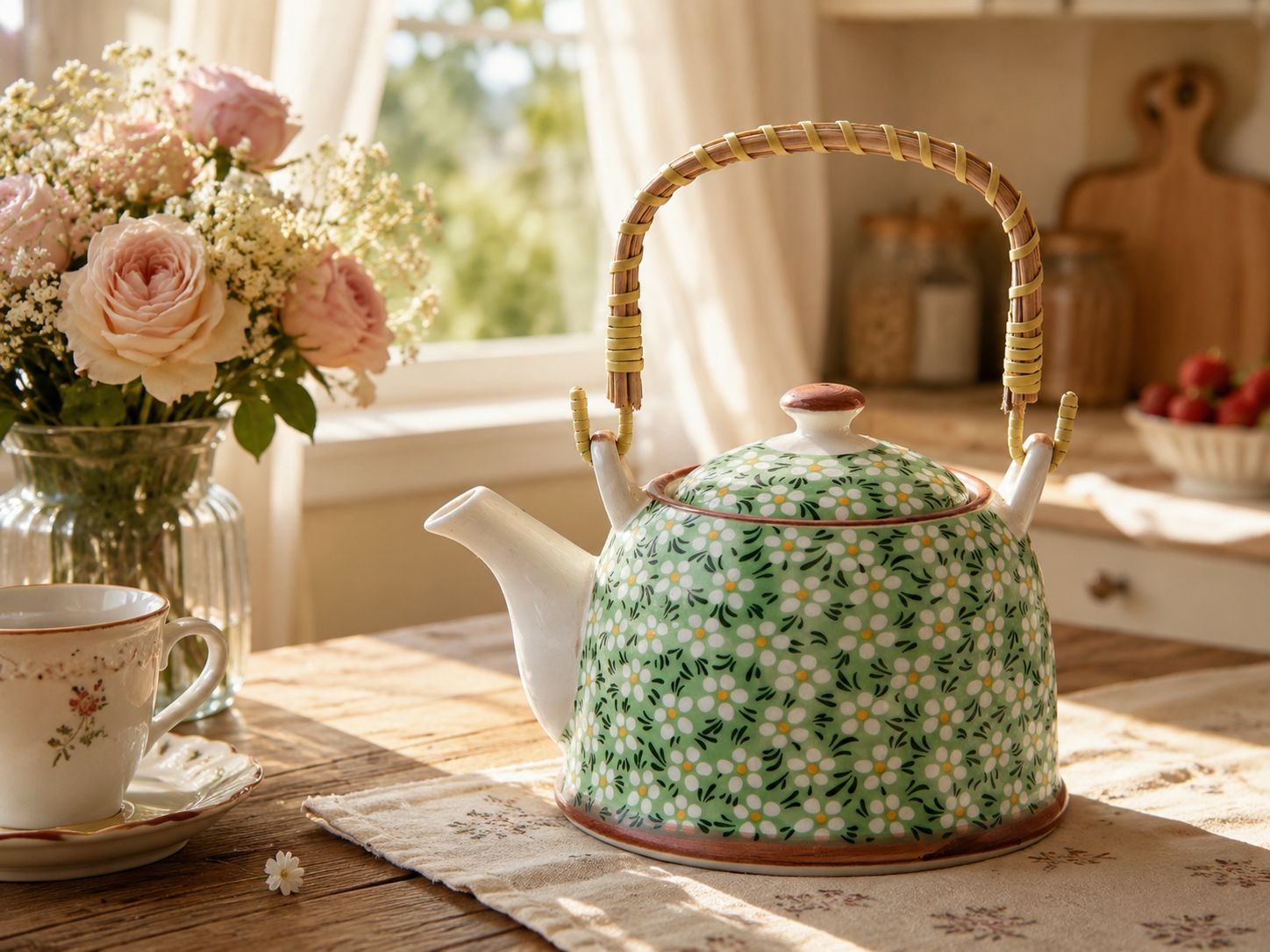 Konvička se sítkem bílé kvítky - Ø 18*14*12 cm / 0,7L