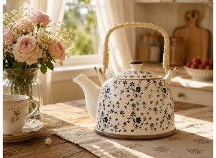 Konvička na čaj s černými kvítky - 18*14*12 cm / 0,8L