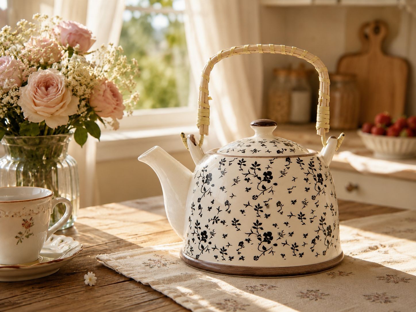 Konvička na čaj s černými kvítky - 18*14*12 cm / 0,8L