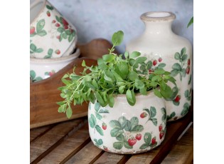 Krémový antik keramický obal na květináč s jahůdkami Fraises - Ø 12*9 cm