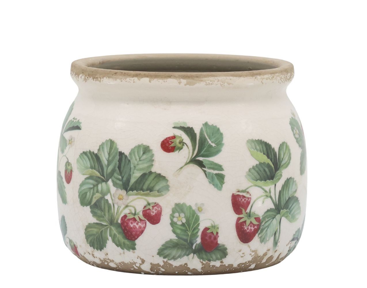 Krémový antik keramický obal na květináč s jahůdkami Fraises - Ø 12*9 cm