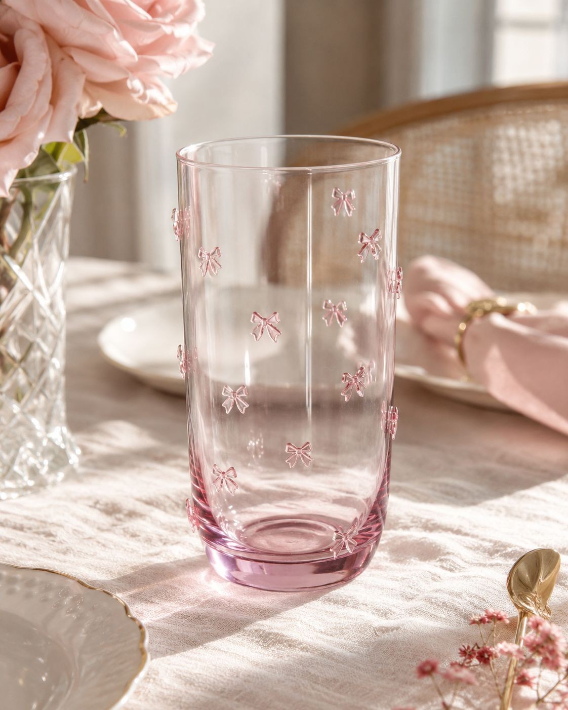Sklenice na vodu s romantickým motivem mašliček - Ø 7*15 cm / 350 ml