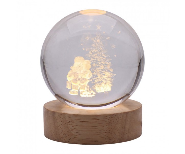 LED stolní lampička na dřevěném podstavci - Santa u stromku - Ø 6 cm / USB Clayre & Eef