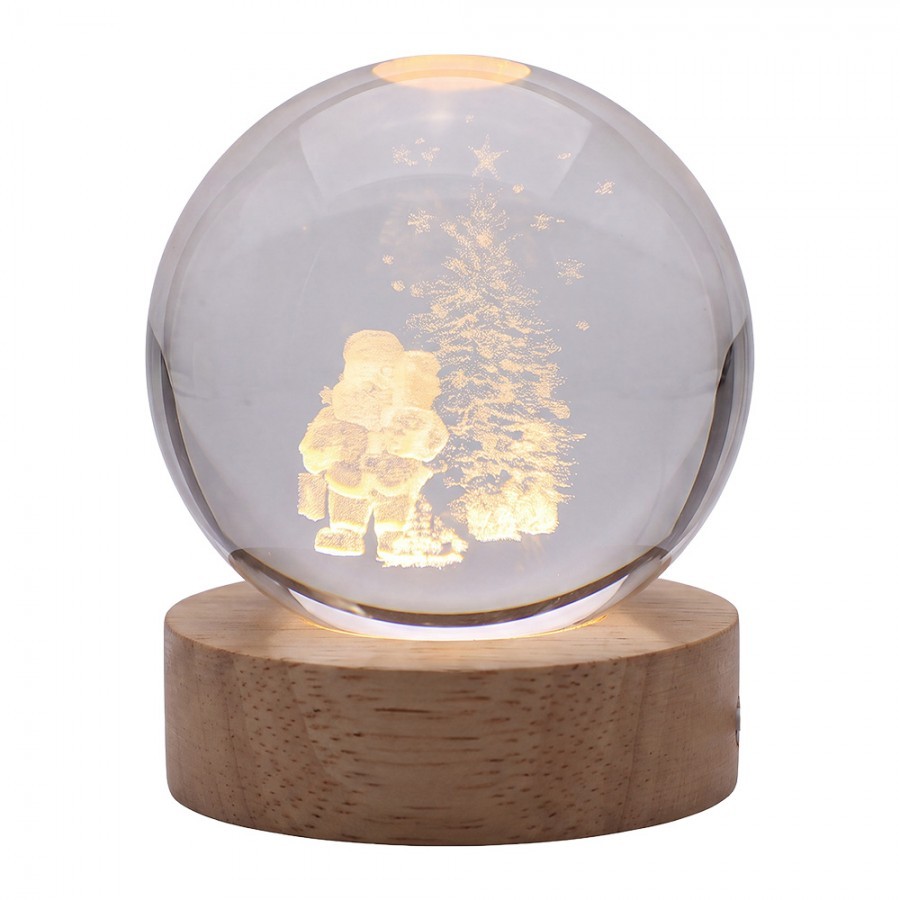 LED stolní lampička na dřevěném podstavci - Santa u stromku - Ø 6 cm / USB
