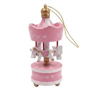 Růžová vánoční dřevěná ozdoba kolotoč s koníky - 6*1*18 cm