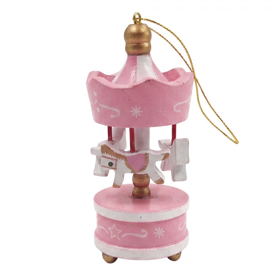 Set 6ks růžová vánoční dřevěná ozdoba kolotoč s koníky - 6*1*18 cm