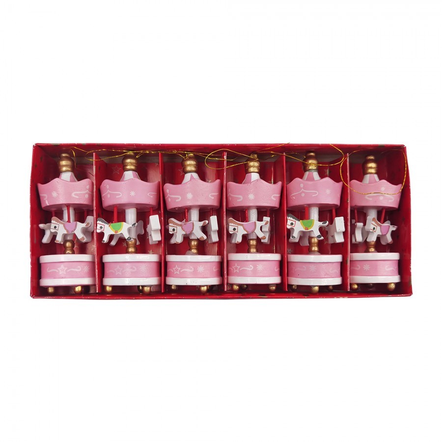 Set 6ks růžová vánoční dřevěná ozdoba kolotoč s koníky - 6*1*18 cm