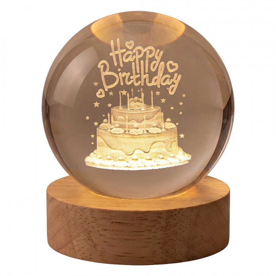 LED stolní lampička na dřevěném podstavci Happy Birthday - Ø 6 cm / USB