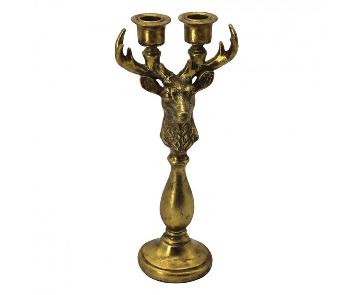 Zlatý antik svícen na 2 úzké svíčky Jelen Deer Antique - 14*11*39 cm Clayre & Eef
