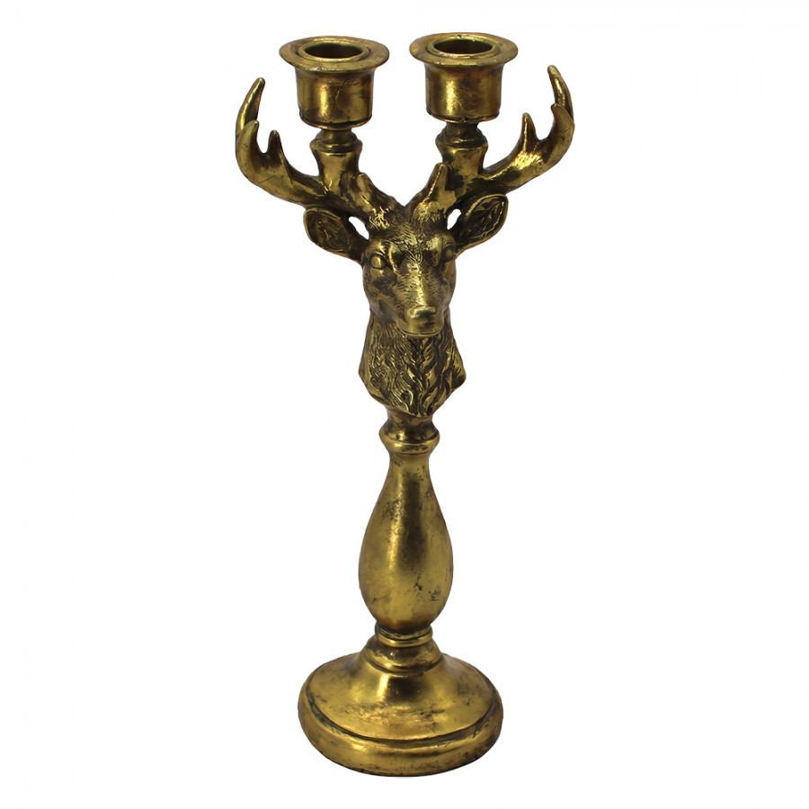 Zlatý antik svícen na 2 úzké svíčky Jelen Deer Antique - 14*11*39 cm