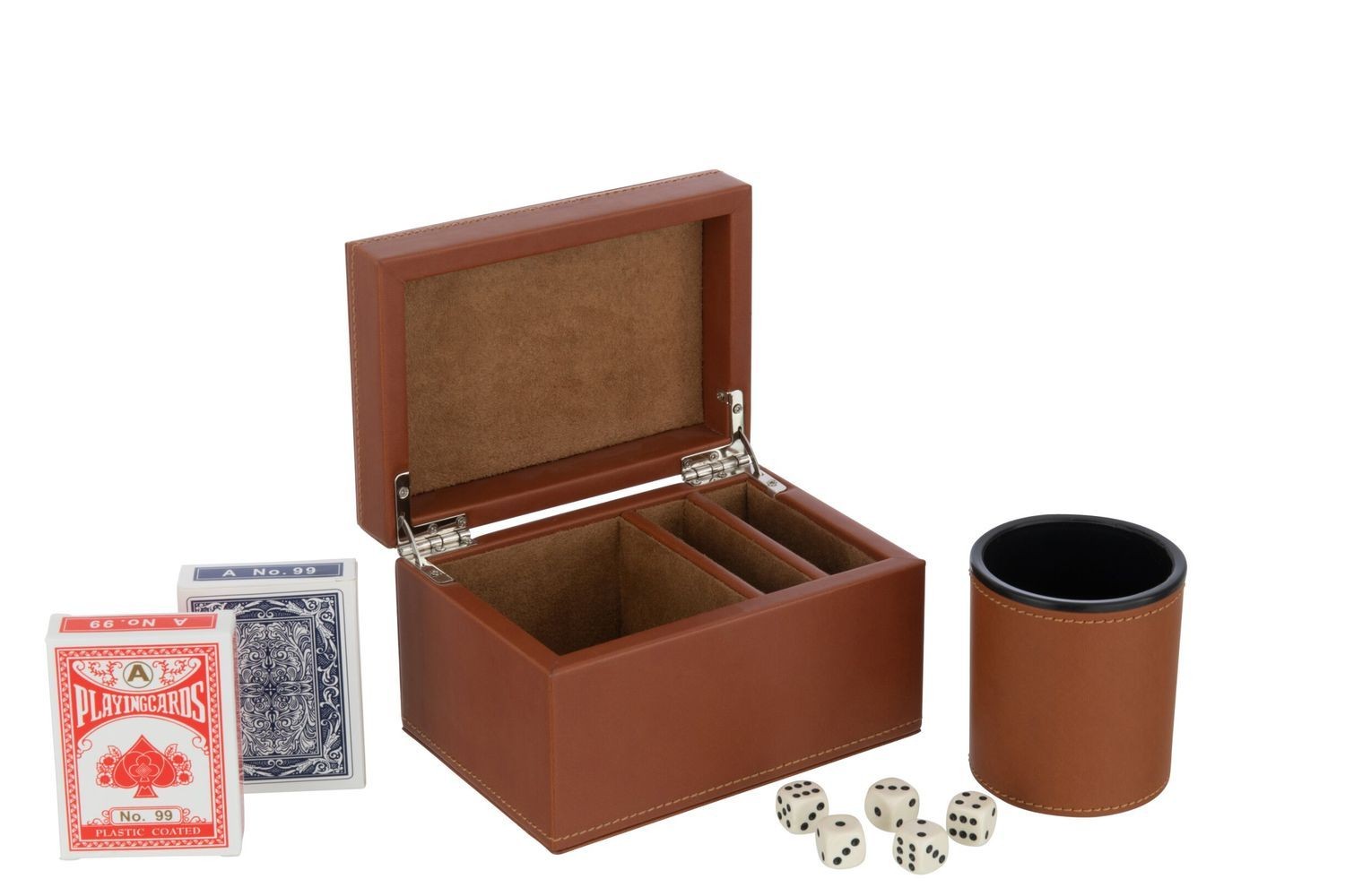 Hnědý box z umělé kůže s kartami a kostkami Cognacco - 17*12*10 cm