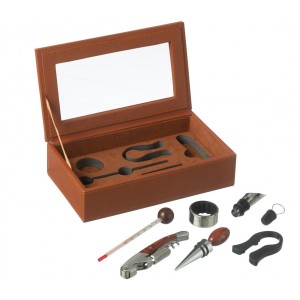 Hnědý box z umělé kůže s doplňky na víno Cognacco - 23*13*6 cm