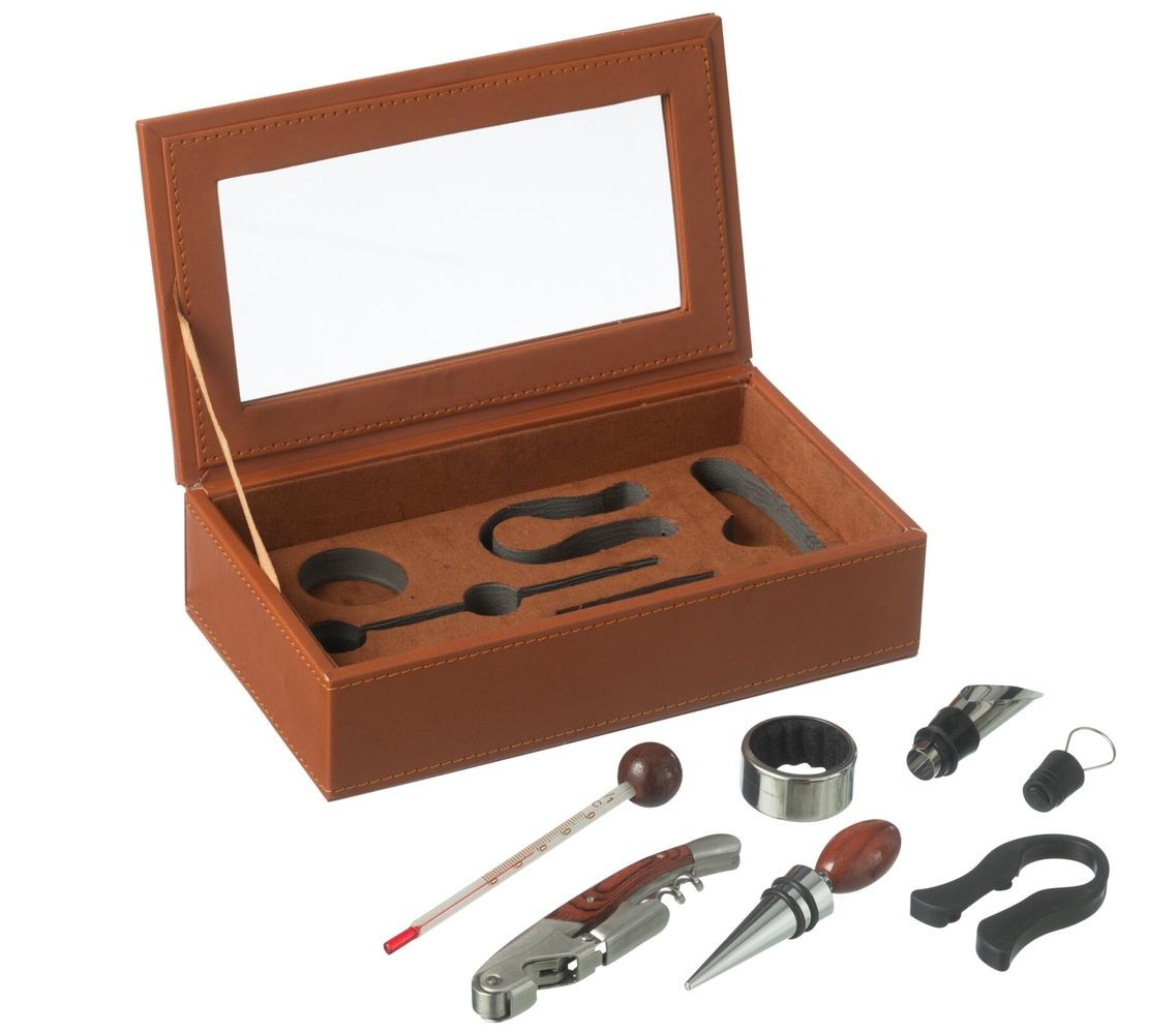 Hnědý box z umělé kůže s doplňky na víno Cognacco - 23*13*6 cm