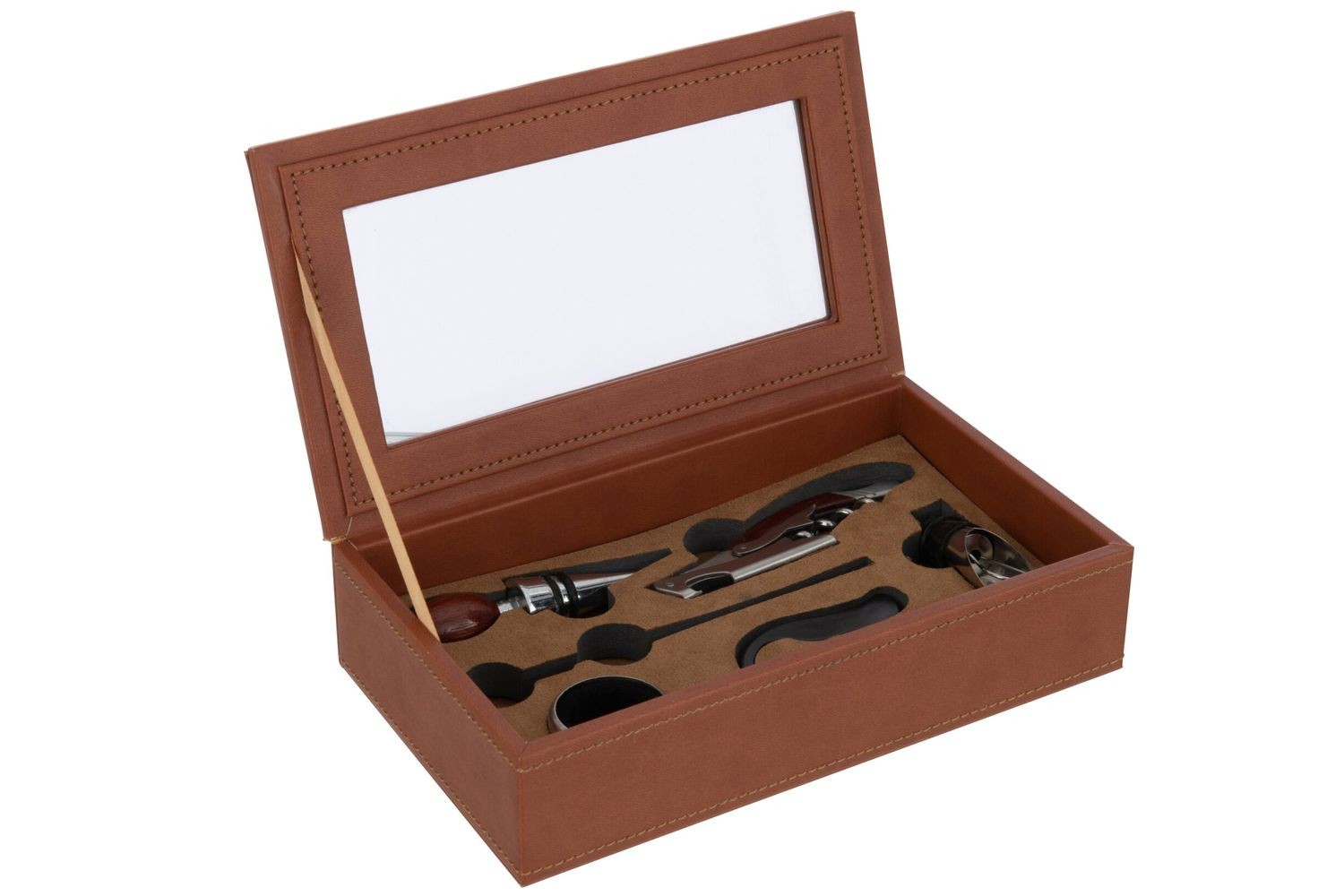 Hnědý box z umělé kůže s doplňky na víno Cognacco - 23*13*6 cm