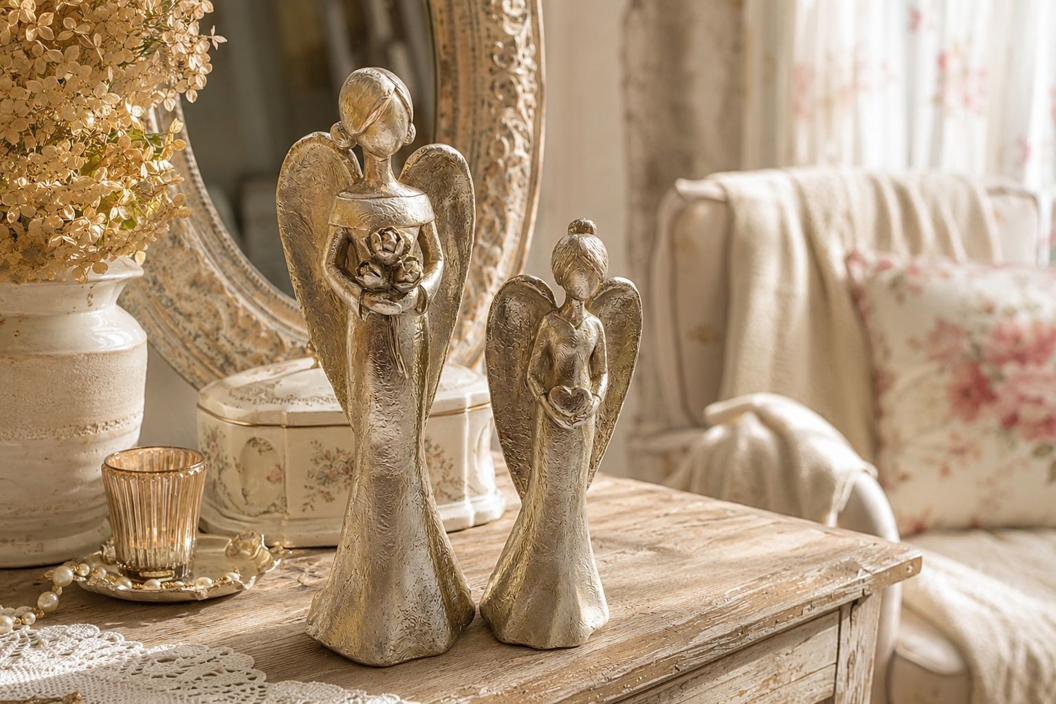 Set 2ks zlatých antik andělů - 11*9*33 / 9*7*26 cm