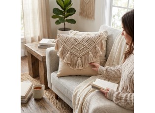 Béžový polštář s drhaným vzorem a střapci Macramé Cosy - 45*17*45 cm
