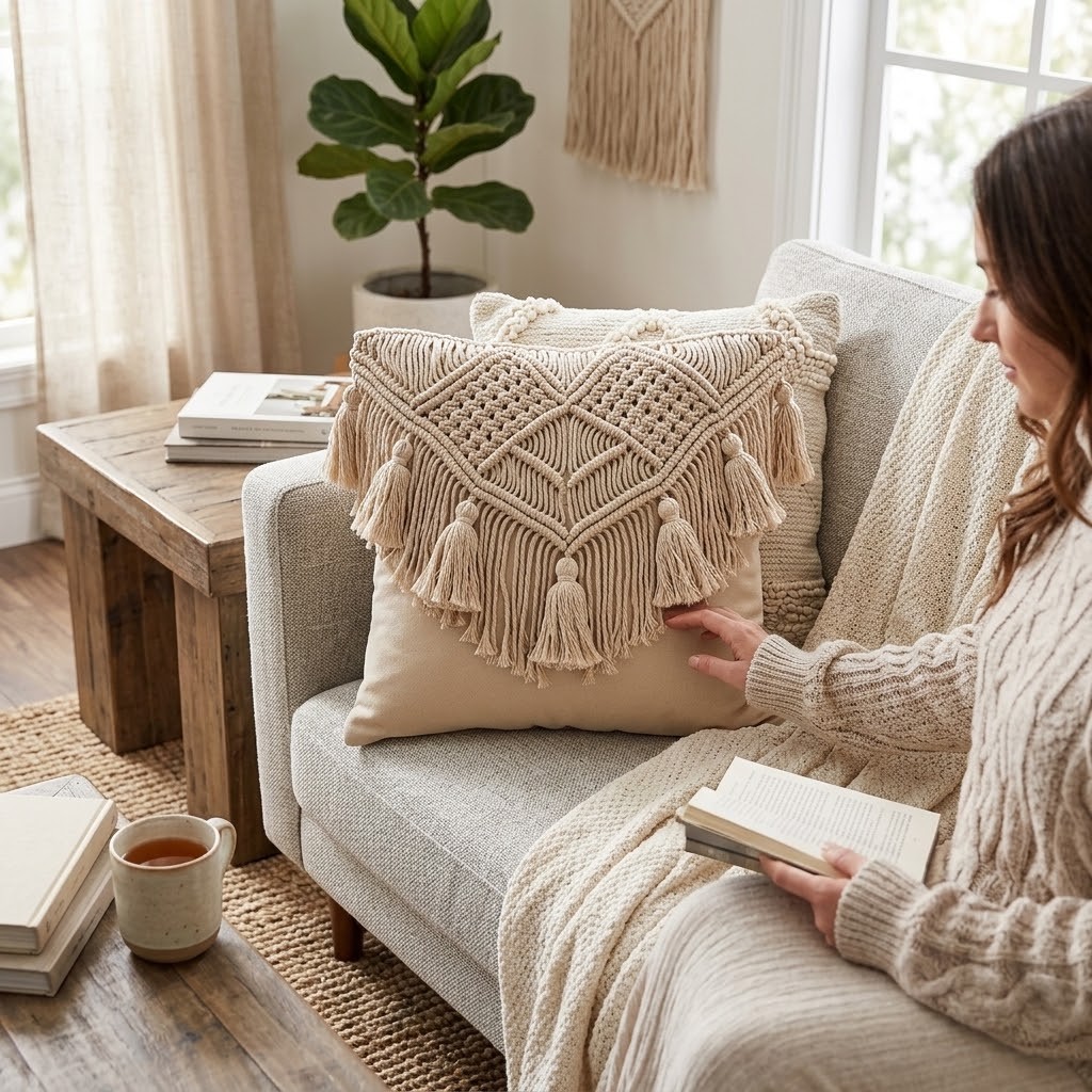 Béžový polštář s drhaným vzorem a střapci Macrame cosy - 45*17*45 cm