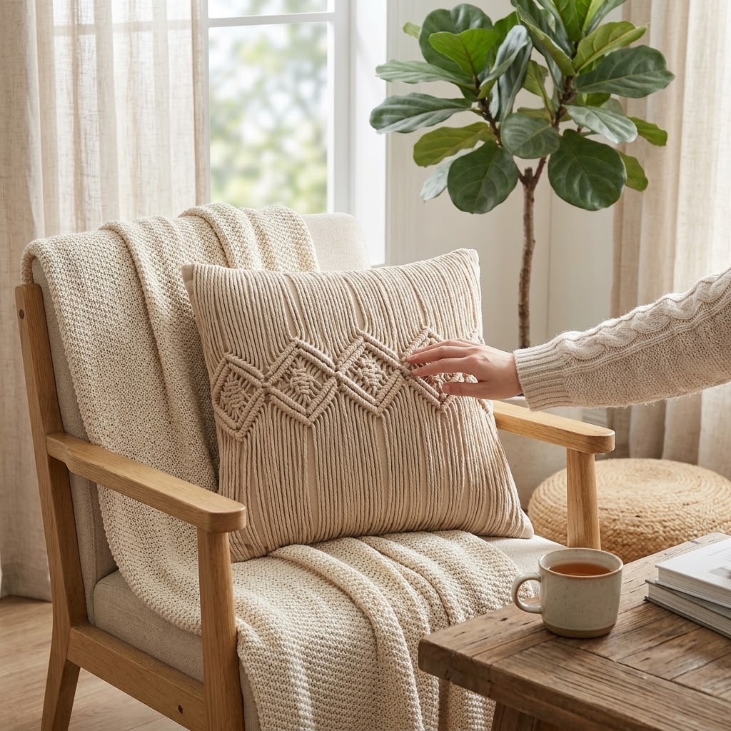 Béžový polštář s drhaným vzorem Macramé Cosy - 45*12*45 cm
