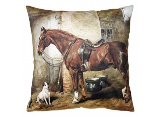Vintage dekorační polštář s motivem koně ve stáji - 45*45*4 cm