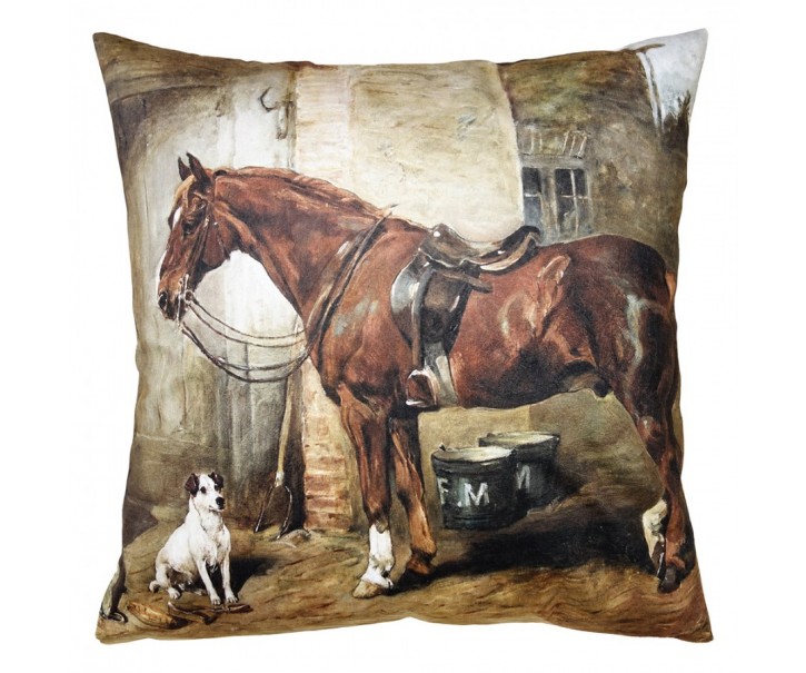 Vintage dekorační polštář s motivem koně ve stáji - 45*45*4 cm Clayre & Eef