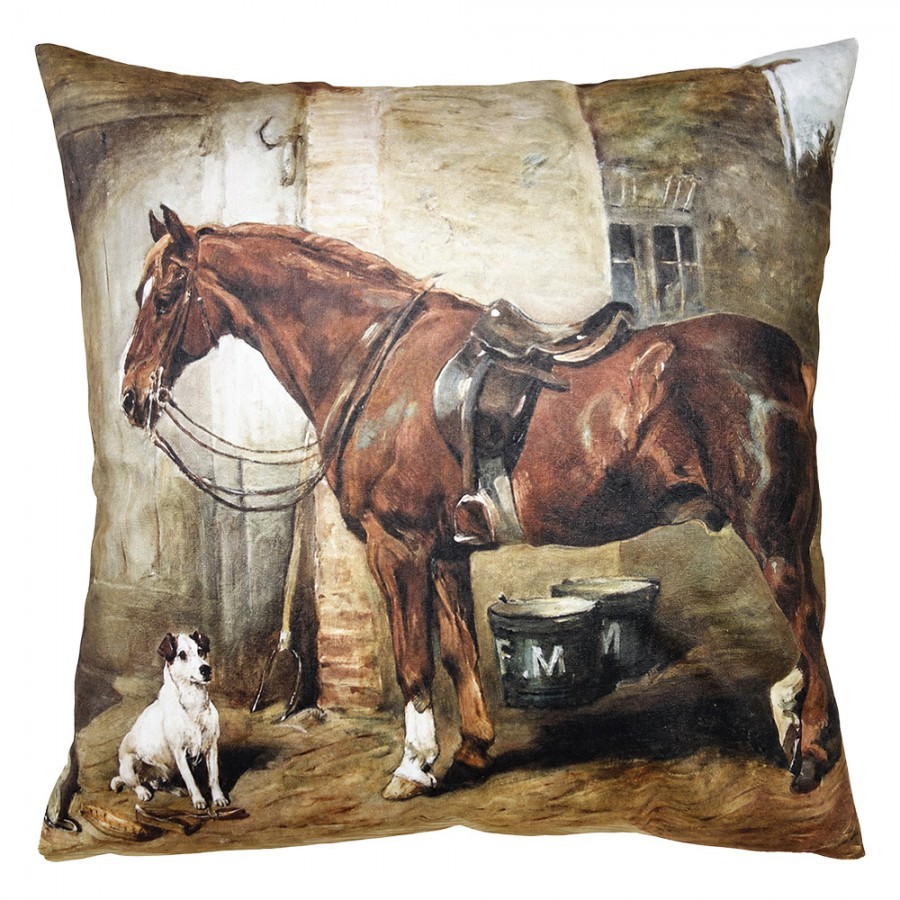 Vintage dekorační polštář s motivem koně ve stáji - 45*45*4 cm
