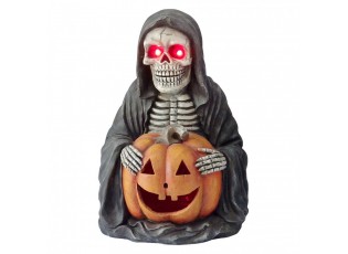 Halloween dekorace svítící kostlivec v černém plášti s dýní - 38*33*54 cm