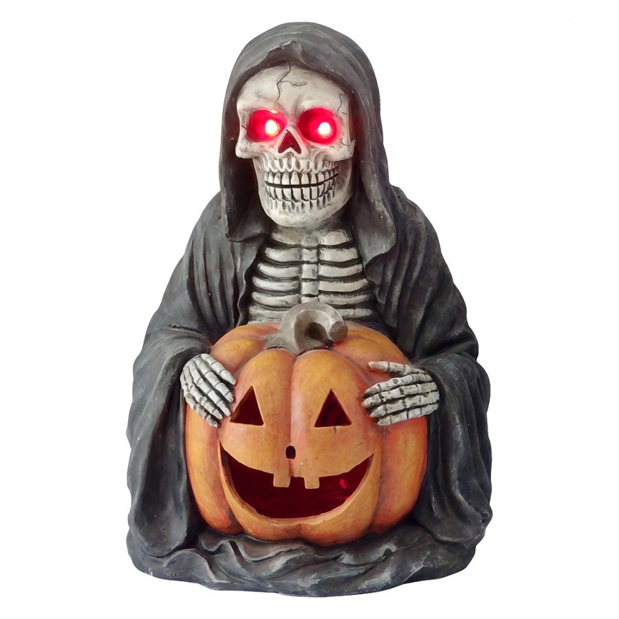 Halloween dekorace kostlivec v černém plášti a dýní - 38*33*54 cm