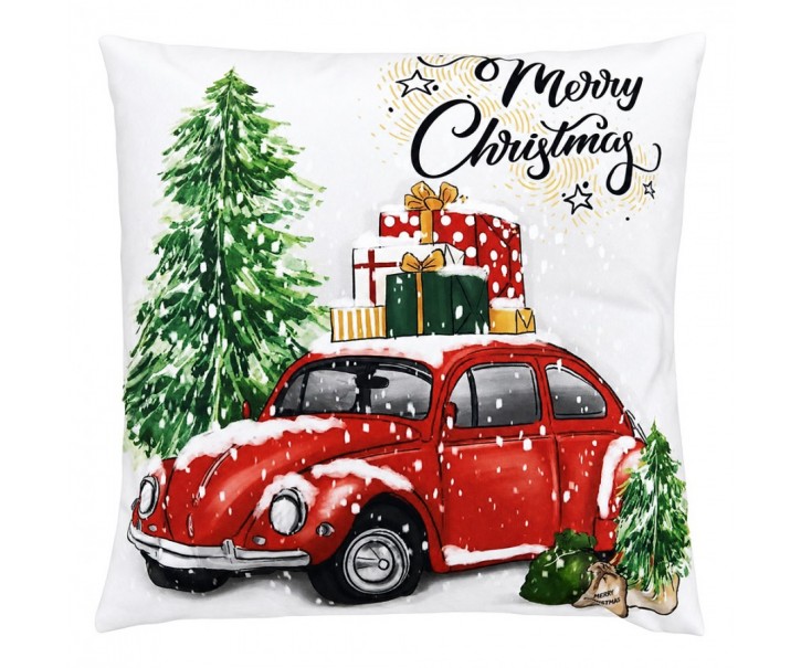 Vánoční dekorační polštář s autíčkem Merry Christmas - 45*45*4 cm Clayre & Eef